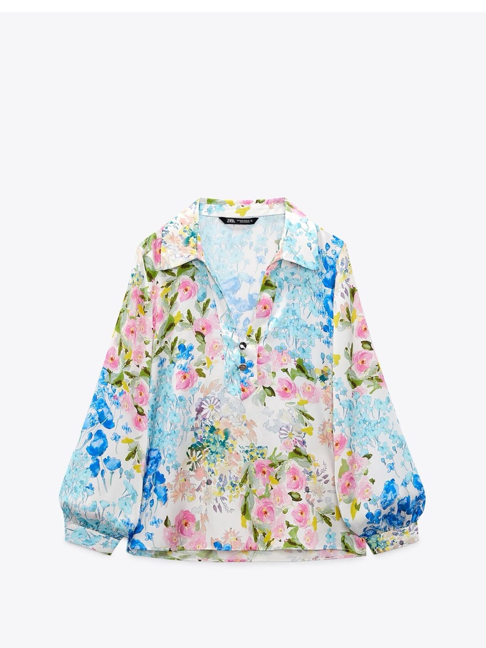 Zara Floral Button-Up Blouse in White, Blue, Pink, Green